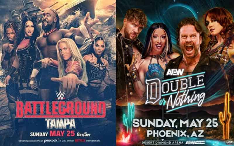 posters of AEW Double Or Nothing and NXT Battleground next to each other