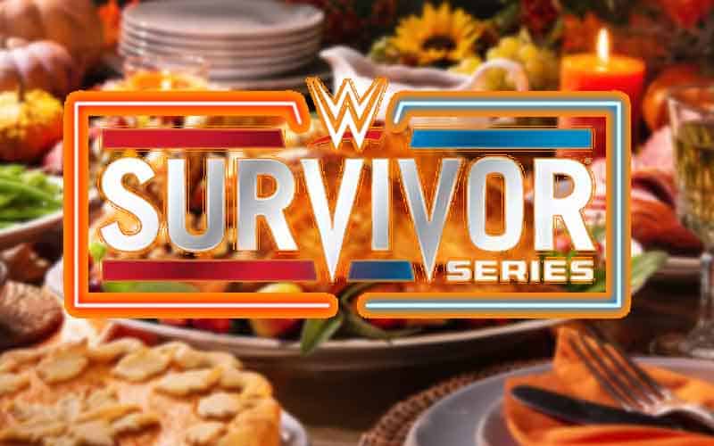 a WWE Survivor Series logo over a thanksgiving dinner setting