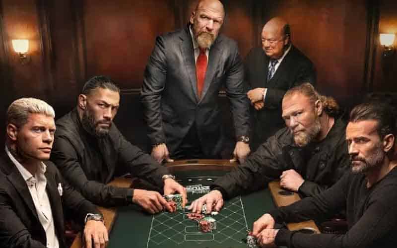 Cody Rhodes, Roman Reigns, HHH, Paul Heyman, Brock Lesnar, and CM Punk at a poker table