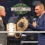 Cody and Gunther facing off in a ring in front of a WrestleMania 43 logo