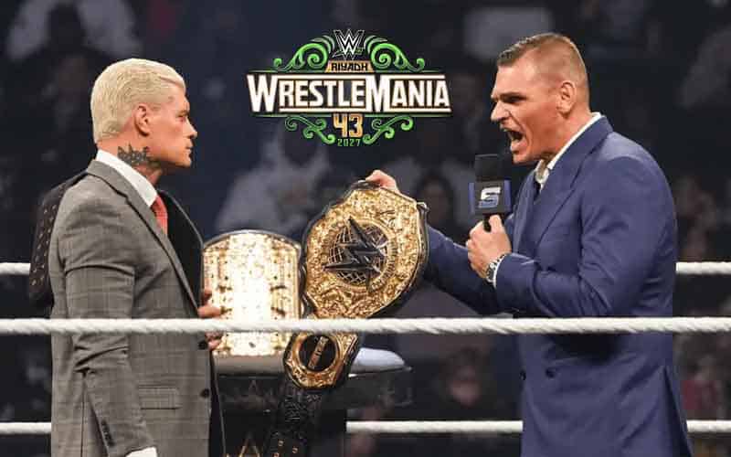 Cody and Gunther facing off in a ring in front of a WrestleMania 43 logo